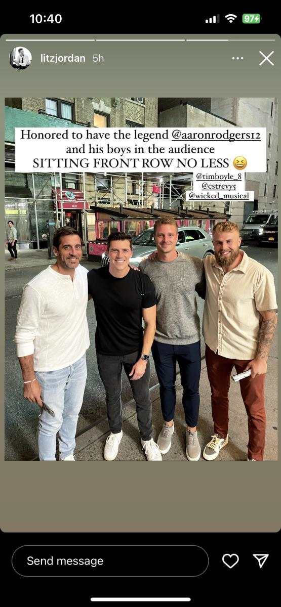 Aaron Rodgers outside Gershwin Theatre